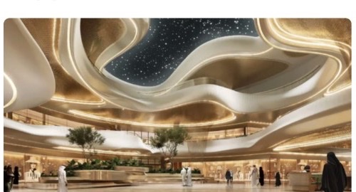 Interior rendering of Dubai Square Mall with flowing white ceiling, polished stone floors and shoppers
