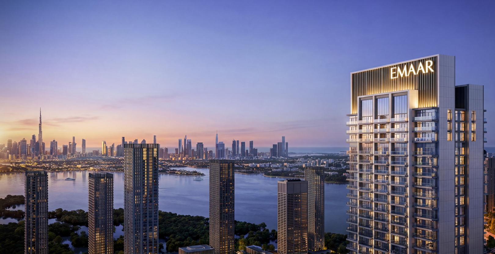 Valia tower at Dubai Creek Harbour at twilight, with Creek views toward the Dubai skyline