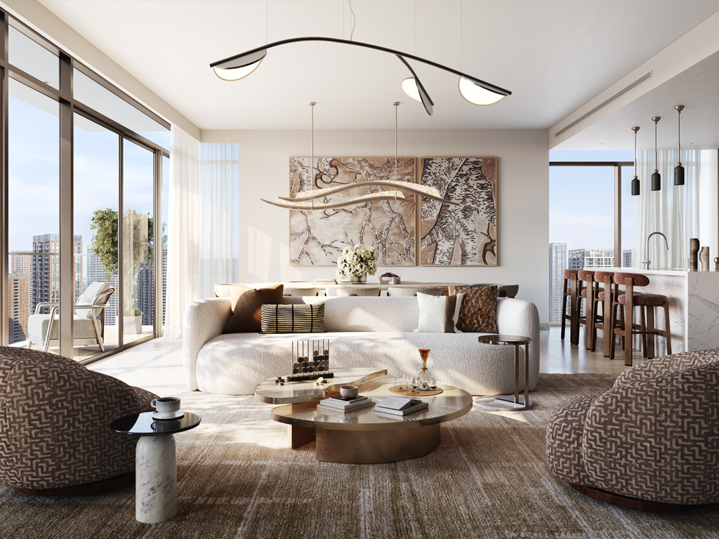Living, dining and kitchen interior with skyline views